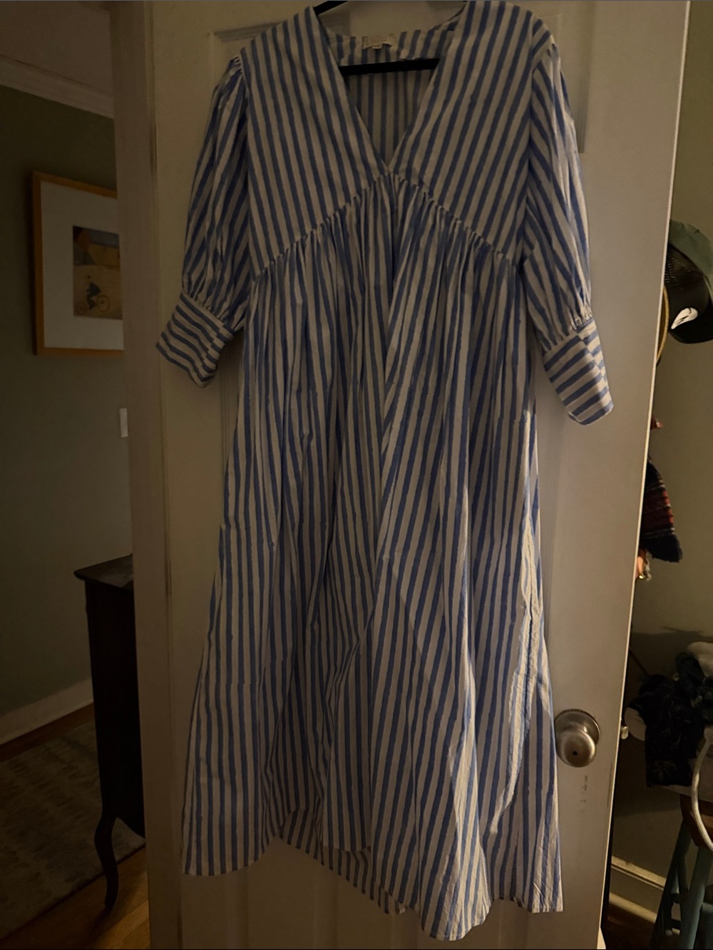 Blue and White Striped Maxi Dress - Relaxed V-Neck